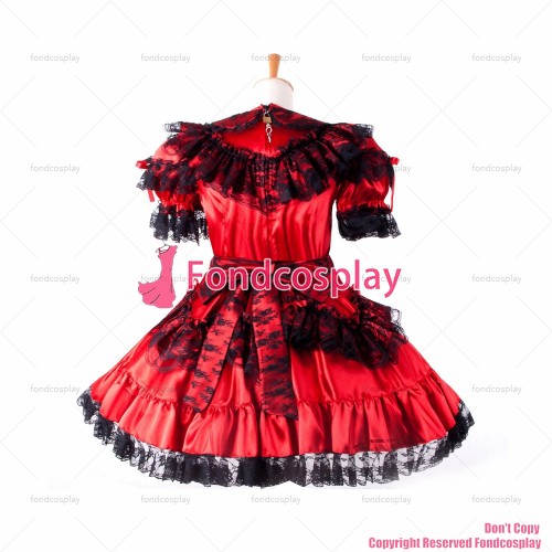fondcosplay adult sexy cross dressing French sissy maid short lockable red Satin Uniform dress cosplay costume Custom-made[G833]