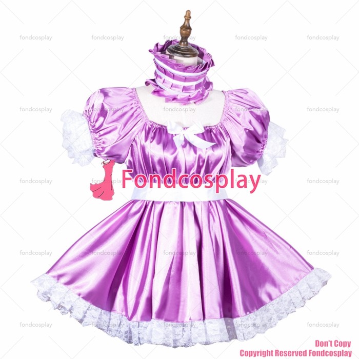 fondcosplay adult sexy cross dressing sissy maid short baby Purple satin lockable jumpsuits rompers dress CD/TV[G3814]