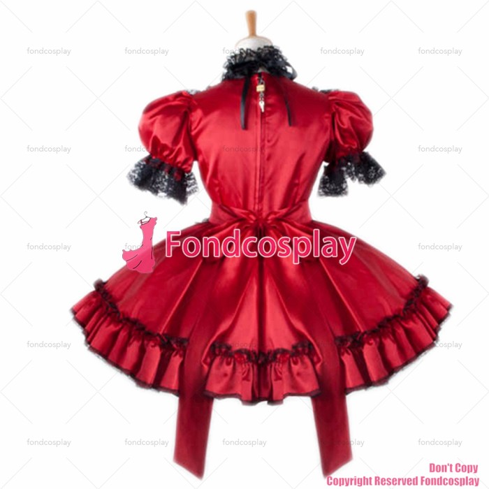 fondcosplay adult sexy cross dressing French sissy maid short Lockable Red Satin Uniform Dress apron Costume Custom-made[G797]