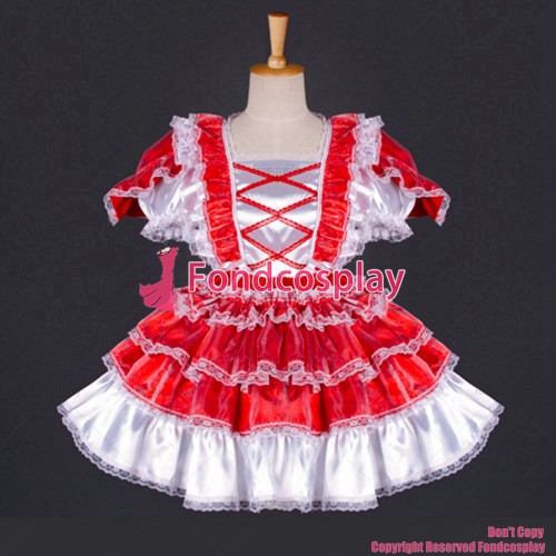 fondcosplay adult sexy cross dressing sissy maid short Dress Lockable Red Satin French Uniform Dress Costume Custom-made[G792]