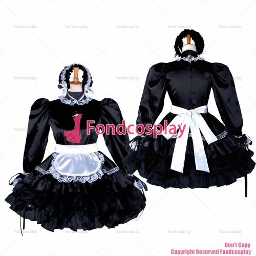 fondcosplay adult sexy cross dressing sissy maid short Dress Lockable Black Satin French Uniform Costume Custom-made[G793]