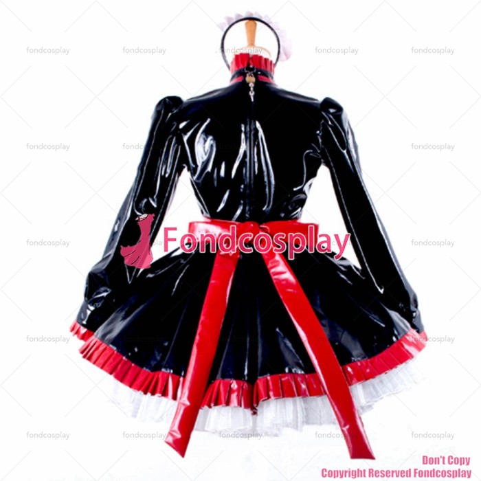fondcosplay adult sexy cross dressing French sissy maid Lockable Black heavy Pvc Dress Uniform red Heart apron Custom-made[G796]
