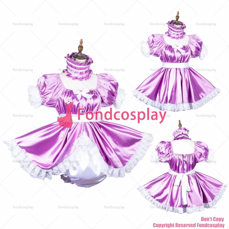 fondcosplay adult sexy cross dressing sissy maid short baby Purple satin lockable jumpsuits rompers dress CD/TV[G3814]