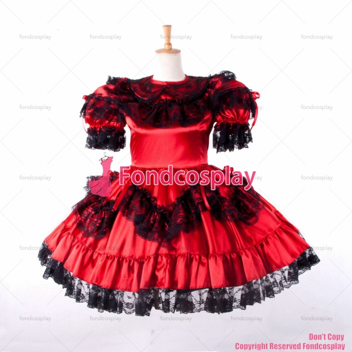 fondcosplay adult sexy cross dressing French sissy maid short lockable red Satin Uniform dress cosplay costume Custom-made[G833]