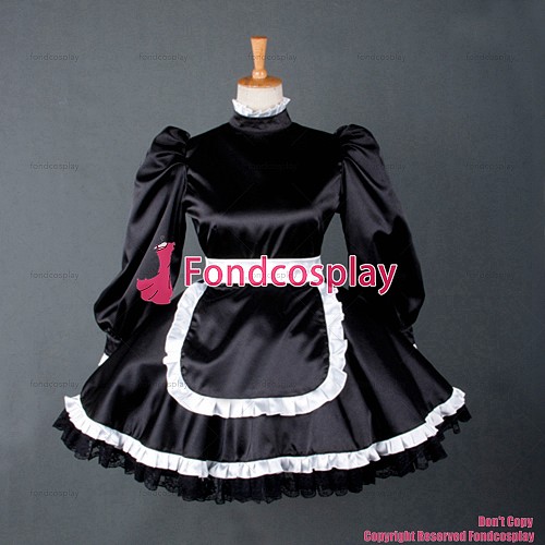 fondcosplay adult sexy cross dressing sissy maid short Lockable Uniform Black Satin Dress Cosplay Costume Custom-made[G780]