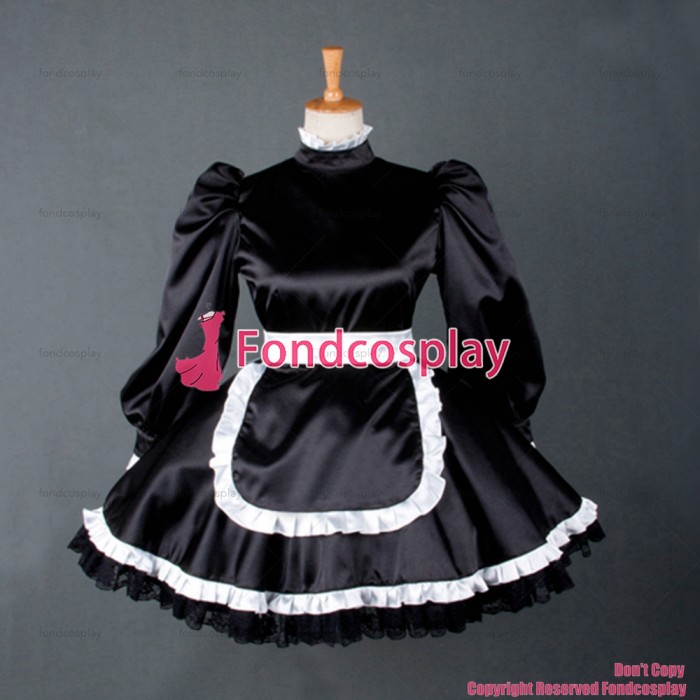 fondcosplay adult sexy cross dressing sissy maid short Lockable Uniform Black Satin Dress Cosplay Costume Custom-made[G780]