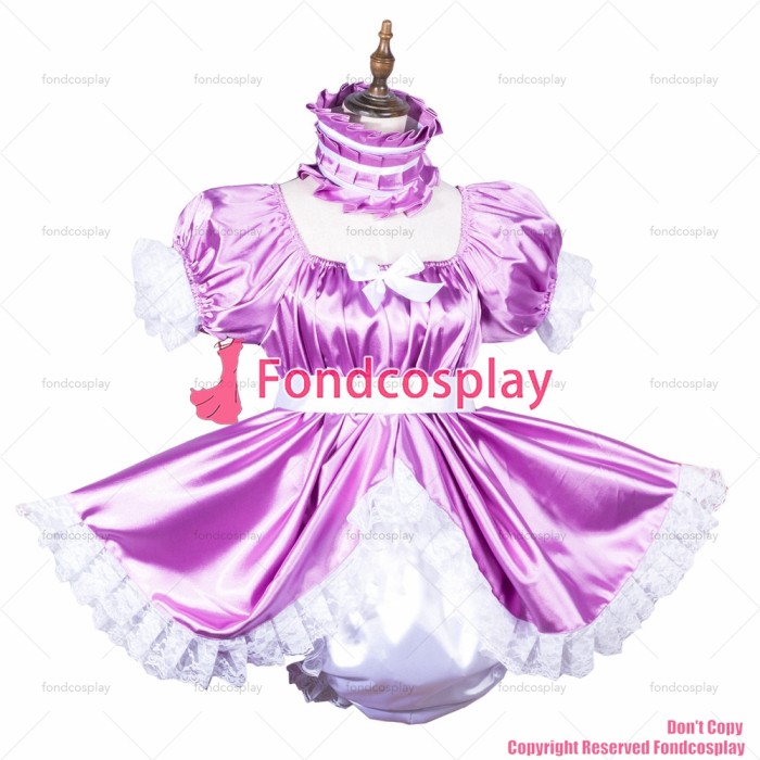 fondcosplay adult sexy cross dressing sissy maid short baby Purple satin lockable jumpsuits rompers dress CD/TV[G3814]