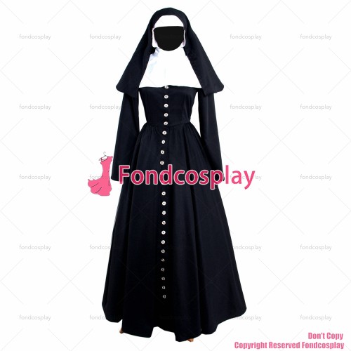 fondcosplay cross dressing sissy maid Gothic Nun black cotton buttons Dress Outfit headpiece cosplay Costume CD/TV[G883]