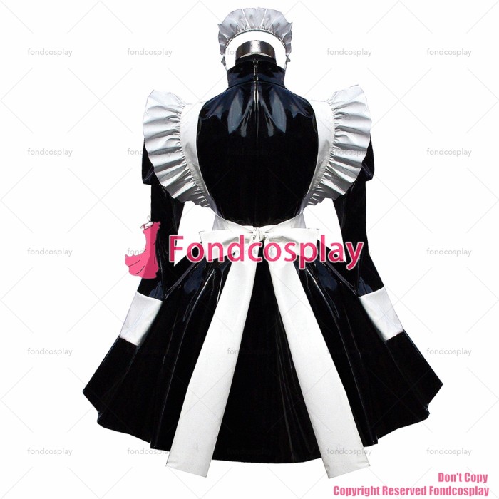fondcosplay adult sexy cross dressing sissy maid Black heavy Pvc Dress Lockable Uniform white apron Costume CD/TV[G473]