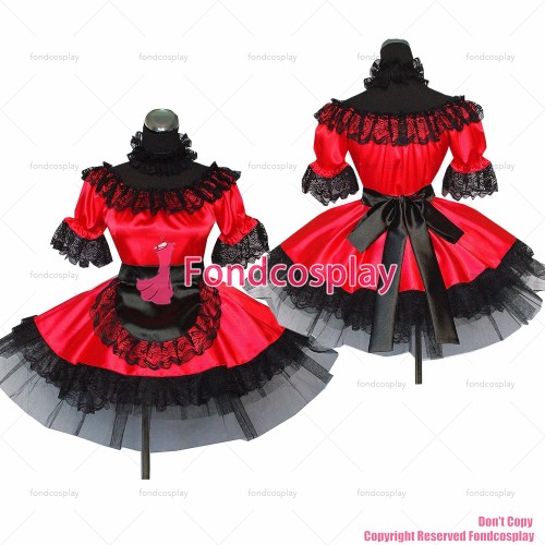 fondcosplay adult sexy cross dressing French sissy maid short black red pink Satin Dress Uniform apron Costume CD/TV[G467]