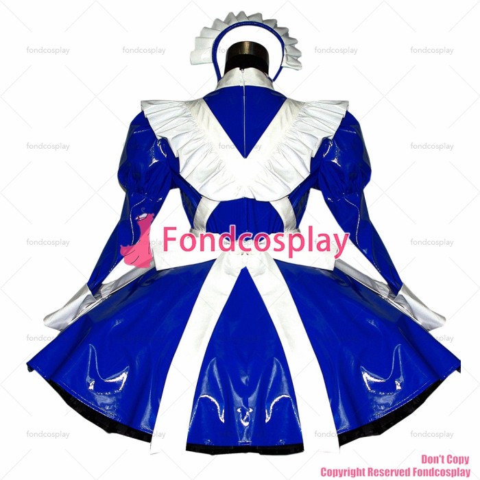 fondcosplay adult sexy cross dressing sissy maid Blue thin Pvc Dress Lockable Uniform white apron Costume Custom-made[G509]