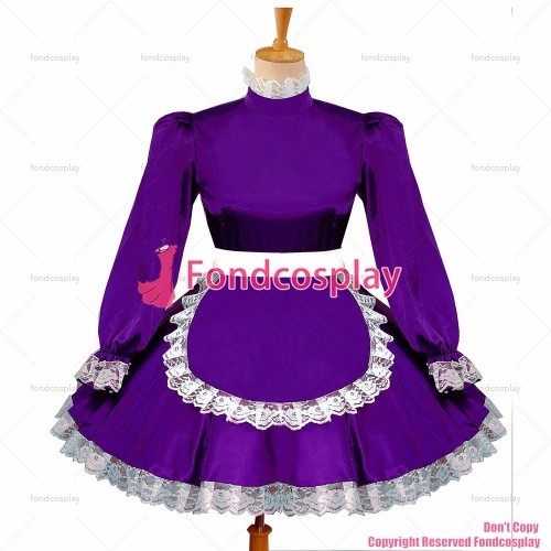 fondcosplay adult sexy cross dressing sissy maid short Grape Purple Satin Dress apron Lockable Uniform Costume Custom-made[G580]