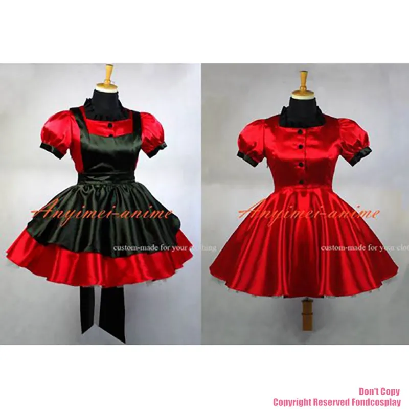 fondcosplay adult sexy cross dressing sissy maid short Red Satin Dress Uniform Lockable black apron Costume Custom-made[G645]