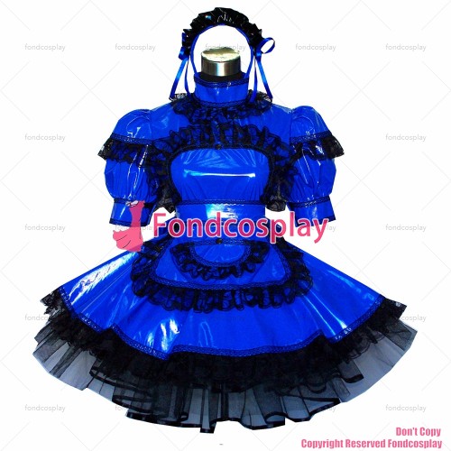 fondcosplay adult sexy cross dressing sissy maid short blue thin Pvc Dress Lockable Uniform Cosplay Costume Custom-made[G488]