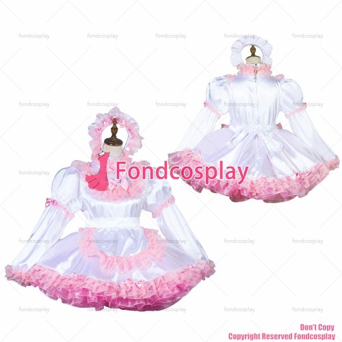 fondcosplay adult sexy cross dressing sissy maid short white satin dress lockable Uniform apron costume CD/TV[G3807]