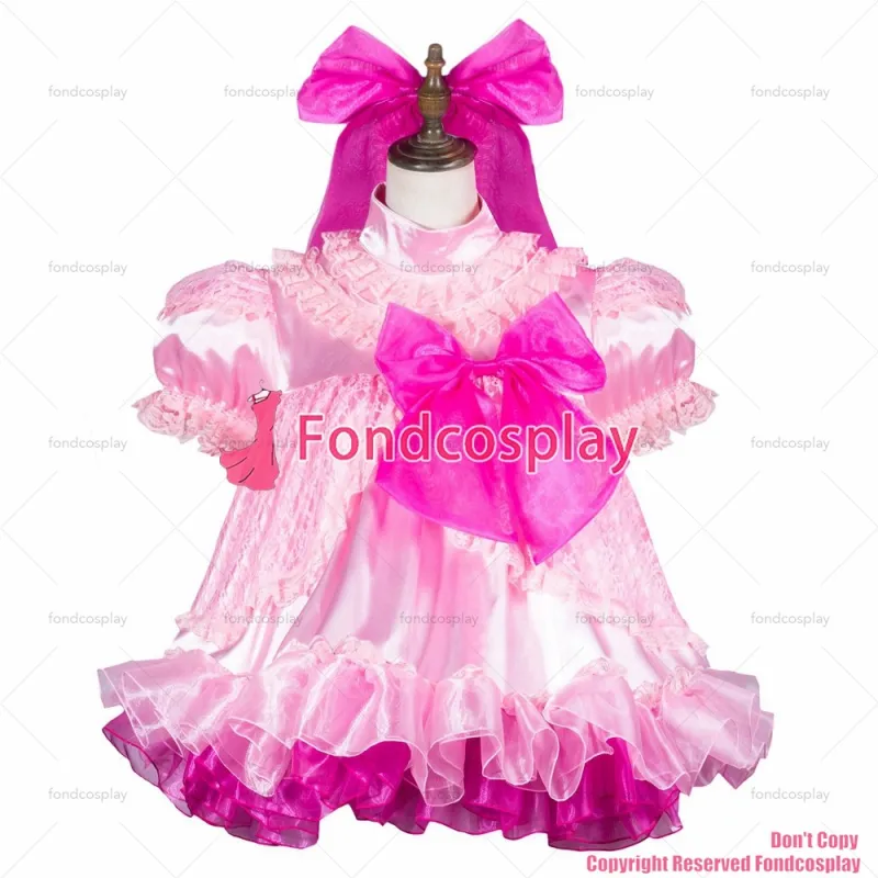 fondcosplay adult sexy cross dressing sissy maid short baby pink satin dress lockable Uniform cosplay costume CD/TV[G3806]