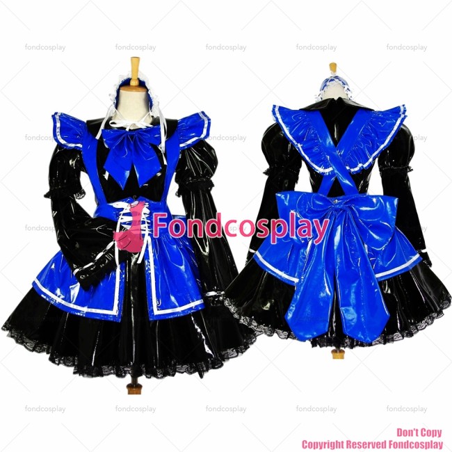 fondcosplay adult sexy cross dressing sissy maid Black-blue thin Pvc Dress Lockable Uniform Cosplay Costume Custom-made[G614]