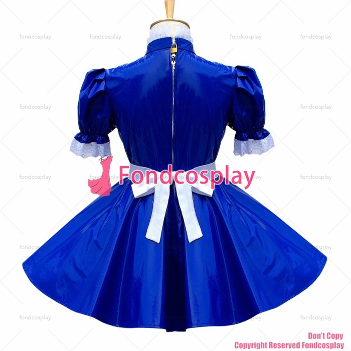 fondcosplay adult sexy cross dressing sissy maid short Blue heavy Pvc Lockable Uniform apron Costume Custom-made[G574]