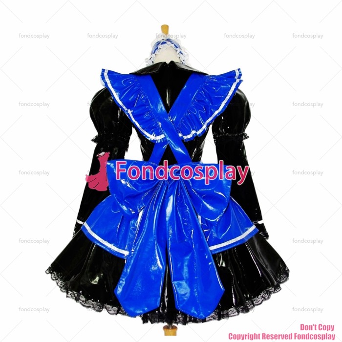 fondcosplay adult sexy cross dressing sissy maid Black-blue thin Pvc Dress Lockable Uniform Cosplay Costume Custom-made[G614]