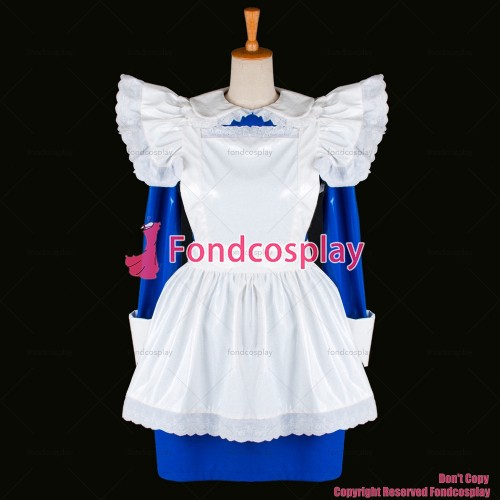 fondcosplay adult sexy cross dressing sissy maid short Lockable French Uniform blue thin Pvc Dress white apron Custom-made[G772]