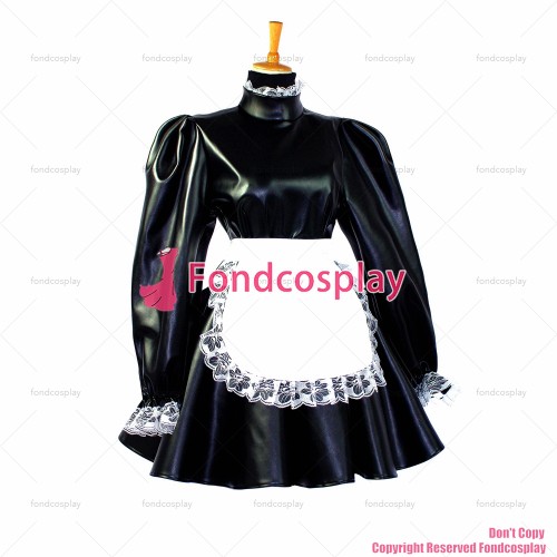 fondcosplay adult sexy cross dressing sissy maid short Black Faux Leather Dress Lockable Uniform white apron Custom-made[G652]