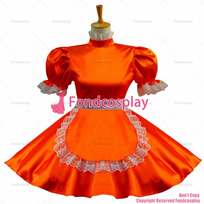 fondcosplay adult sexy cross dressing sissy maid short Orange Satin Dress Lockable apron Uniform Costume Custom-made[G584]