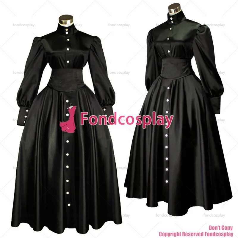 fondcosplay adult cross dressing sissy maid long Gothic Lolita Punk Ball Gown Black Satin Buttons Dress Corset CD/TV[G445]