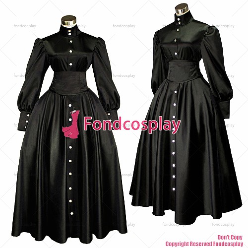 fondcosplay adult cross dressing sissy maid long Gothic Lolita Punk Ball Gown Black Satin Buttons Dress Corset CD/TV[G445]