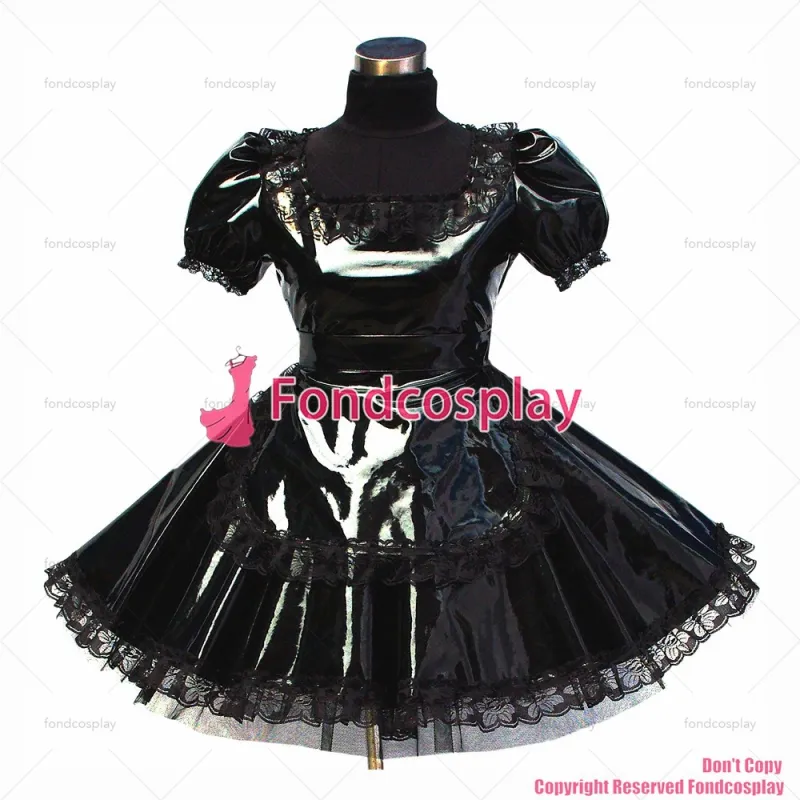fondcosplay adult sexy cross dressing sissy maid short Black thin Pvc Dress Uniform Cosplay Costume CD/TV[G448]
