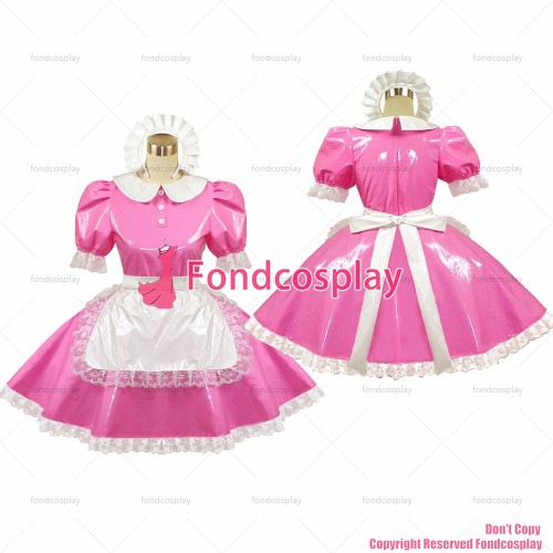 fondcosplay adult cross dressing sissy maid pink thin Pvc Dress Pink Lockable white apron Peter Pan collar CD/TV[G415]