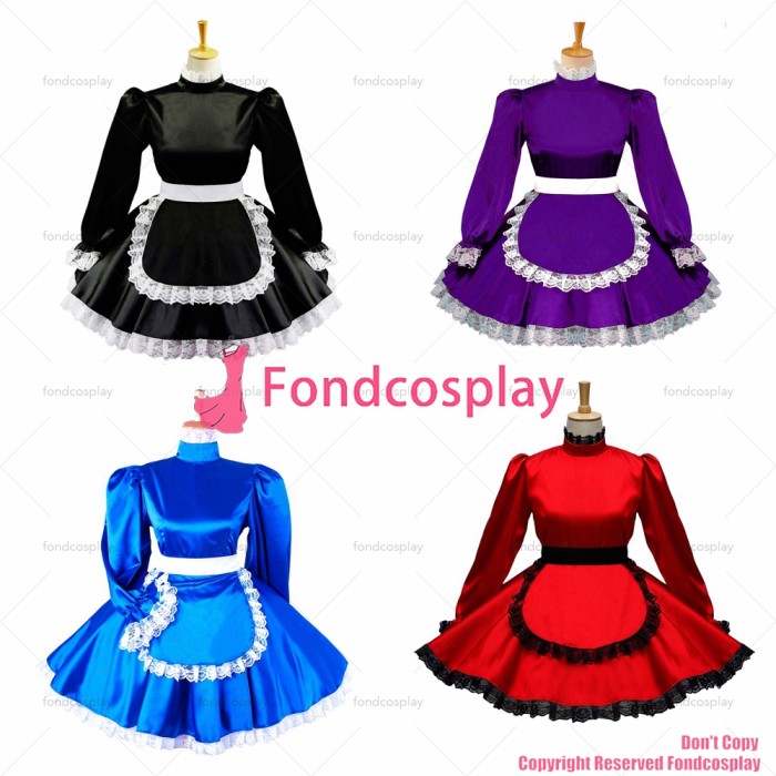 fondcosplay adult sexy cross dressing sissy maid short Black Satin Dress Lockable Uniform Cosplay Costume Custom-made[G579]