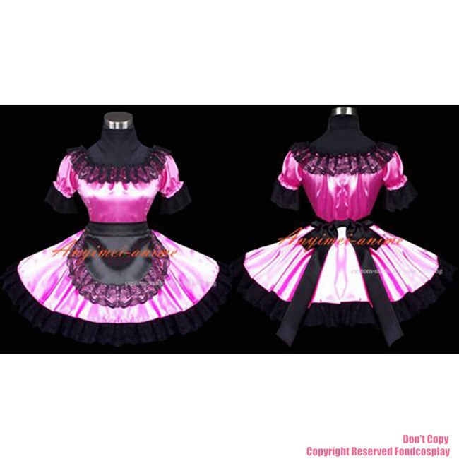 fondcosplay adult sexy cross dressing sissy maid short Satin Pink Dress black apron Uniform Cosplay Costume Custom-made[G478]