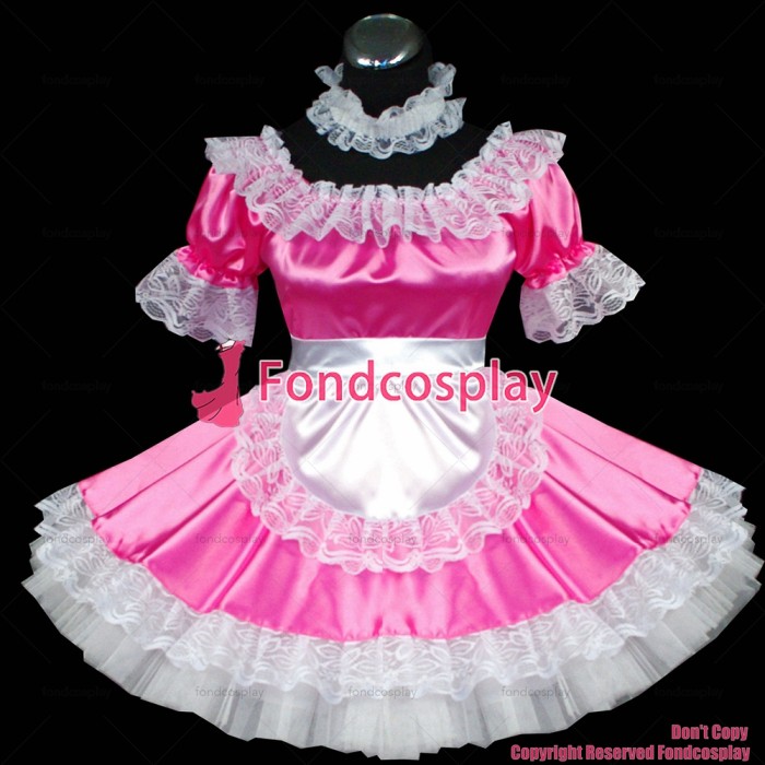 fondcosplay adult sexy cross dressing sissy maid short Pink Satin Dress Uniform white apron Costume CD/TV[G469]