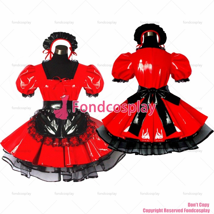 fondcosplay adult sexy cross dressing sissy maid short red thin Pvc Dress Lockable Uniform black arpon Costume CD/TV[G491]