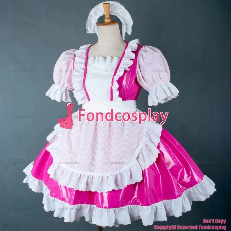 fondcosplay adult sexy cross dressing sissy maid short Lockable Uniform Hot Pink thin Pvc Dress white apron Custom-made[G756]