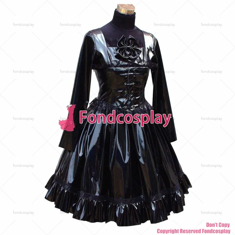 fondcosplay adult sexy cross dressing sissy maid short Gothic Lolita Punk Black thin Pvc Dress Outfit Costume CD/TV[G447]