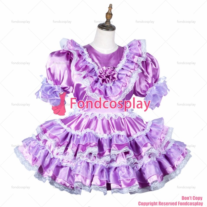 fondcosplay adult sexy cross dressing sissy maid short lilac satin dress lockable Uniform cosplay costume CD/TV[G3812]