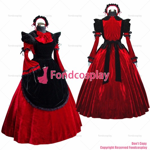 fondcosplay adult sexy cross dressing sissy maid long Dress Red Velvet Lockable Uniform black apron Costume Custom-made[G520]