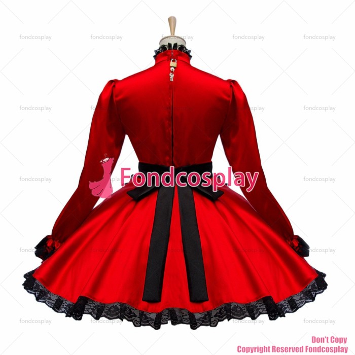 fondcosplay adult sexy cross dressing sissy maid short Red Satin Dress Lockable Uniform apron Costume Custom-made[G593]