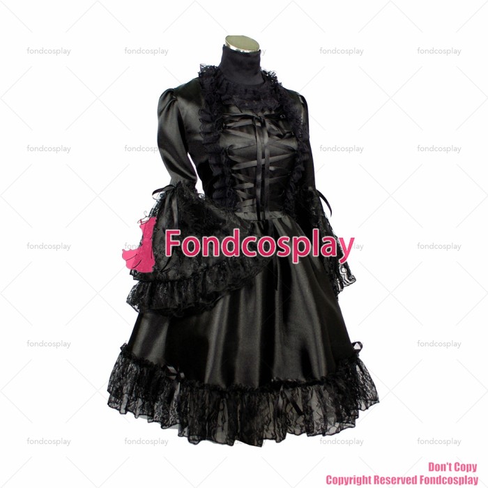 fondcosplay Gothic Lolita Punk Black Satin Sissy Maid Dress Cosplay Costume CD/TV[G402]