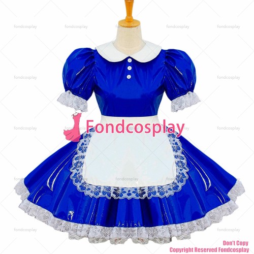 fondcosplay adult sexy cross dressing sissy maid short heavy Pvc Dress Blue Lockable Uniform Peter Pan collar Custom-made[G602]
