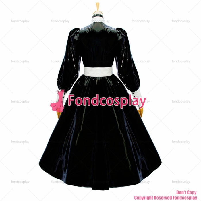 fondcosplay adult sexy cross dressing french sissy maid black buttons heavy pvc Dress white satin belt CD/TV[G585]