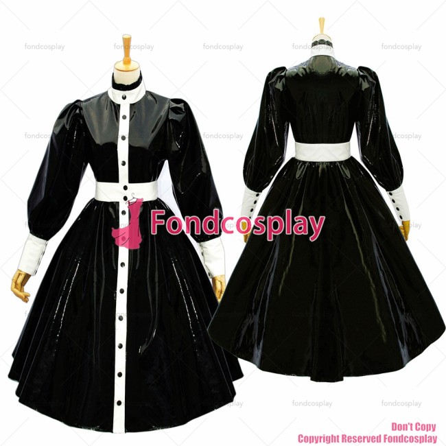 fondcosplay adult sexy cross dressing french sissy maid black buttons heavy pvc Dress white satin belt CD/TV[G585]