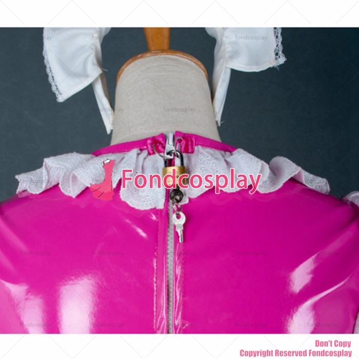 fondcosplay adult sexy cross dressing sissy maid short Lockable Uniform Hot Pink thin Pvc Dress white apron Custom-made[G756]