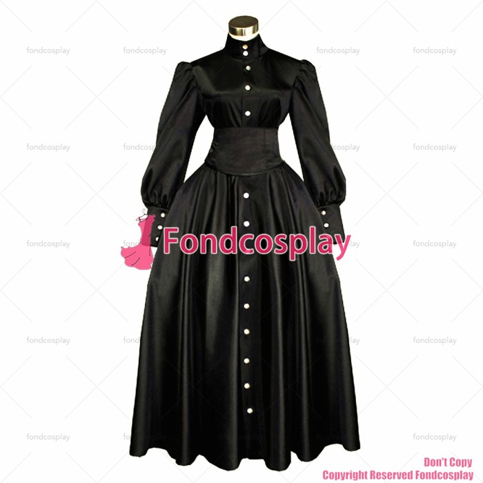 fondcosplay adult cross dressing sissy maid long Gothic Lolita Punk Ball Gown Black Satin Buttons Dress Corset CD/TV[G445]