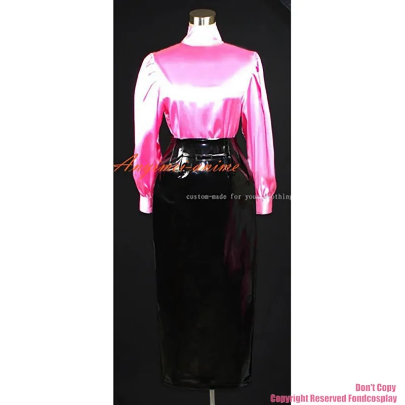 fondcosplay adult sexy cross dressing sissy maid Gothic Lolita Punk black heavy Pvc skirt pink Satin shirt Outfit CD/TV[G390]