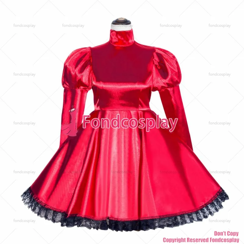 fondcosplay adult sexy cross dressing sissy maid short Gothic Lolita Punk Red Satin Dress Lockable Uniform Custom-made[G504]