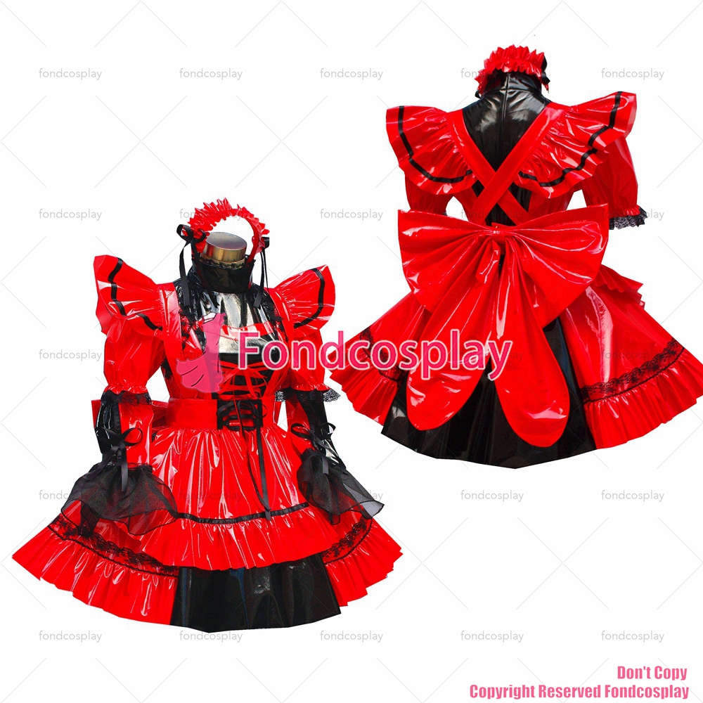 Fondcosplay Adult Sexy Cross Dressing Sissy Maid Short Red Thin Pvc Dress Lockable Uniform 