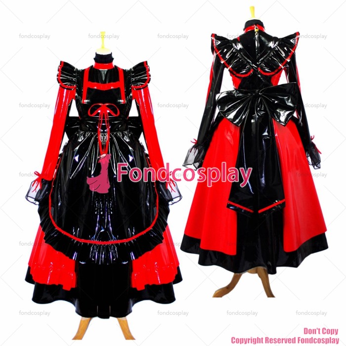 fondcosplay adult sexy cross dressing sissy maid long black red thin Pvc Dress Lockable Uniform Costume Custom-made[G634]