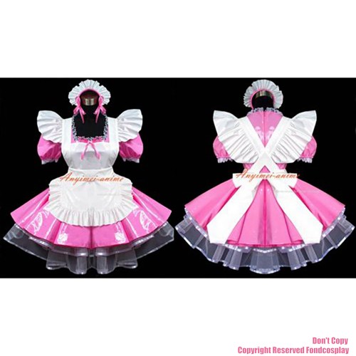 fondcosplay adult sexy cross dressing sissy maid pink thin Pvc Dress Lockable Uniform white apron Costume Custom-made[G490]